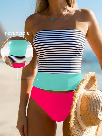 popvil Women Beach Striped Colorblock Tankini Set Reversible Tank Top Beach Swimwear For Summer Vacation Holiday