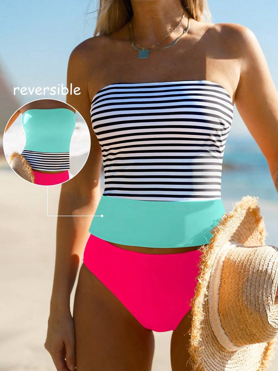 popvil Women Beach Striped Colorblock Tankini Set Reversible Tank Top Beach Swimwear For Summer Vacation Holiday - Multicolor - View 1