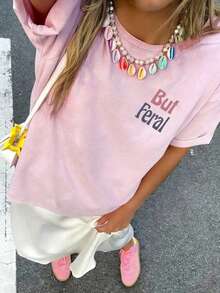 女士新款简约可爱图案休闲度假风宽松百搭圆领短袖T恤，时尚日常上衣，适合日常度假穿着。女士新款夏季活力少女风浣熊印花宽松粉色T恤。适合情人节、开学季、教师节等节日穿着。字母印花短袖T恤，柔软宽松舒适，高端街头风休闲百搭短袖上衣 - 粉色 - 查看 4