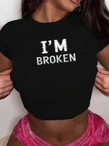 I M Broken Glitch Effect Typography Fashionable Women's Short Sleeve T-Shirts - Black - View 1