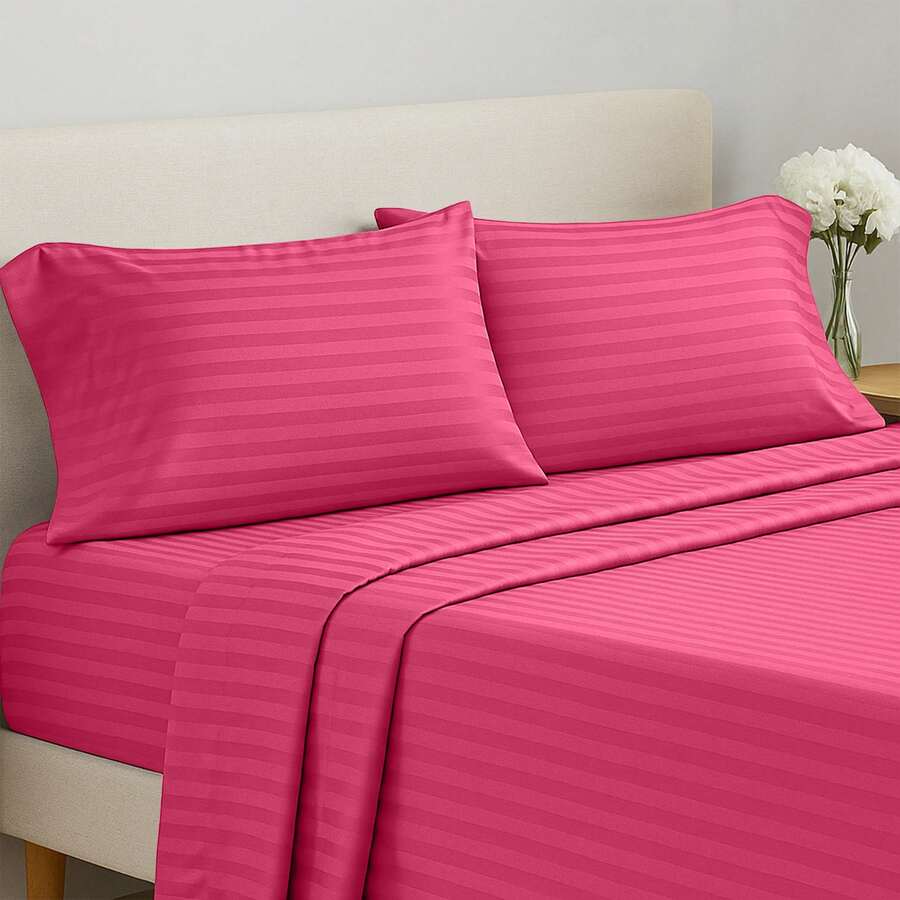 Lux Decor 4 Pc Stripe Bed Sheets, High GSM Brushed Microfiber Bedding Set With Deep Pocket Fitted Sheet & Pillowcases. Soft, Breathable, Hypoallergenic, Easy Care, And Wrinkle Resistant For Year-Round Comfort And A Classic Hotel-Quality Look. - 酒紅色 - 查看 1
