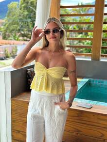 Women's Boho Chic Strapless Embroidered Top ✨ Front Tie With Cutout Detail | Summer Fashion ☀️ Knotted Fabric / Cutouts Beach Vacation Summer - Màu vàng - Xem 3