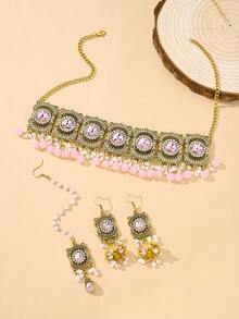 4件套时尚奢华水钻首饰套装，新娘首饰，仿珍珠发链、吊坠耳环和串珠流苏项链，适合女士婚礼、日常佩戴。 - 四件套 - 查看 3