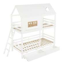 Våningssäng för barn med charmiga fönster och tak, en stadig ribbotten och stege, plus två stora lådor. Furu + MDF + plywood, vit + naturfärgad, 90 x 200 cm - Vitt - Visa 9