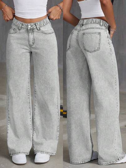 Tween Girls' Loose Fit Casual Comfortable Solid Color Straight Leg Wide Leg Jeans