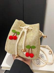 Túi đeo chéo vai họa tiết dâu tây thời trang mới, túi xách tay, túi công sở, túi xô dây rút, túi đeo vai họa tiết quả anh đào tối giản. - Màu Khaki - Xem 4