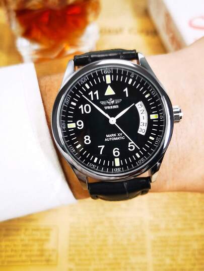 T-WINNER 1pc Business Casual Mechanical Watch For Men Calendar Leather Strap Classic Automatic Men Watches Top Brand Luxury Wristwatches Gifts With Box