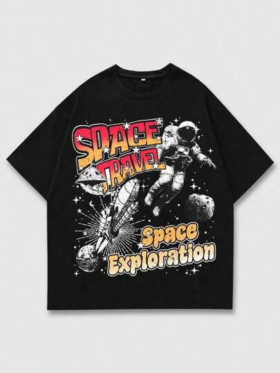 Herr-T-shirts Skjortor ROMWE MEN Street Life Herr Street Casual Rund Hals Kortärmad T-shirt Med Slogan & Astronauttryck Herr-T-shirt i Ren Bomull Enkel Styling, Visa Upp Din Unika Stil Herrmode Tryckt Casual T-shirt Casual Sommar-T-shirt, Bekväma Fritidskläder För Fritidsbruk