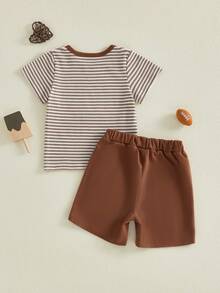 Toddler Baby Boy Summer Outfits Letter Baseball/Football /Rugby Embroidery Short Sleeve T Shirt And Plaid Shorts 2 Pcs Set, Toddler Baby Boy Football Clothing Set, - 卡其色 - 查看 8