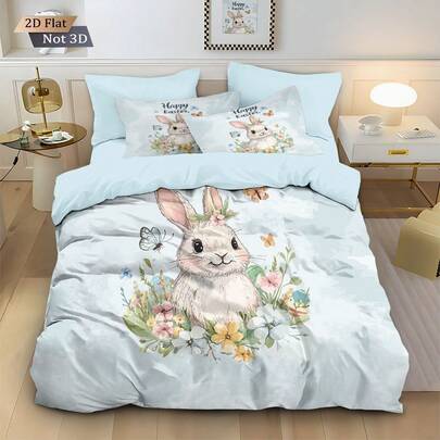 3件套复活节兔子数码印花被套套装，包含1个被套和2个枕套，不含填充物，柔软舒适，涤纶材质，适合家居装饰，是送给男孩、女孩、青少年的礼物，四季皆宜。