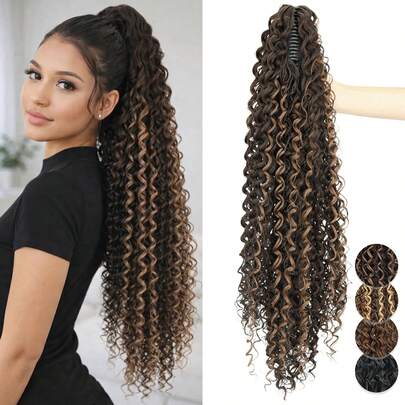 24Inch Voluminous Curly Ponytail Extension – Ombre Brown Synthetic Clip-In Ponytail Hairpiece, Fluffy Bounce For Aesthetic, Perfect For Dates & Festivals