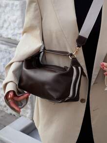 Women's Fashionable Bowling Bag, Adjustable Shoulder Strap, Canvas & PU Leather Small Square Shoulder Bag - Coffee - View 2