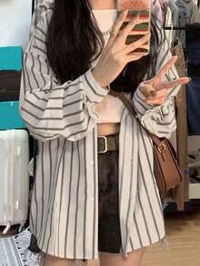 宽松口袋条纹长袖衬衫，百搭休闲上衣 - 杏色條紋 - 查看 3