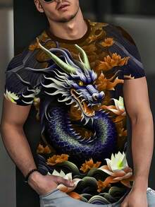 必备单品！龙与莲花印花T恤，红黑东方风街头时尚短袖 - 彩色 - 查看 3