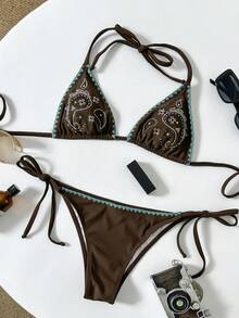 Sexy & Fashionable Tropical Bikini Set | Paisley Print Rhinestone Embellished Triangle Top + Low Waist Side Tie Bottoms | Blue-Green Design | Essential Swimwear For Beach & Pool Vacation - Chocolate Brown - View 4