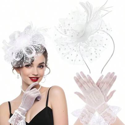 2pcs Women Feather Headpiece And Lace Gloves, Bridal Feather Pearl Hair Accessory, Ball Party Headband, Wedding Banquet Accessory Set, Suitable For Tea Party, Wedding, Banquet, Bridal Accessories