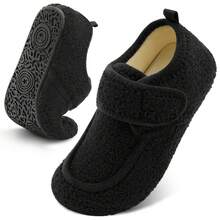 Women's Warm Teddy Fleece Full Heel Slippers, Adjustable Hook And Loop, Non-Slip Rubber Sole, Indoor/Outdoor Use For Autumn/Winter - Black - View 1