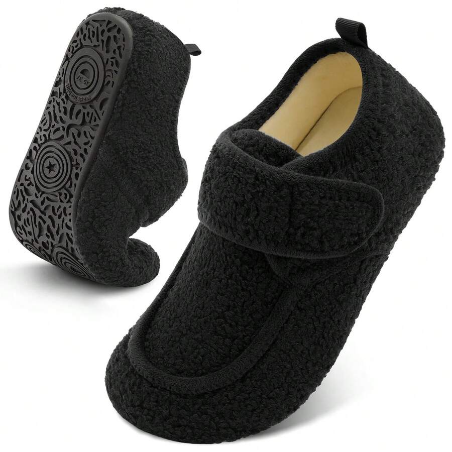 Women's Warm Teddy Fleece Full Heel Slippers, Adjustable Hook And Loop, Non-Slip Rubber Sole, Indoor/Outdoor Use For Autumn/Winter - Black - View 1