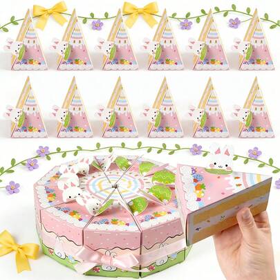 10/20个装复活节生日蛋糕造型礼盒，兔子复活节彩蛋三角形蛋糕纸质糖果盒，带丝带，卡通复活节派对礼品盒，适用于春季生日复活节派对礼品包装用品和复活节装饰