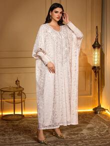 Elegant Long Sleeve Batwing Robe, V-Neck With Applique And Contrast Lace Details, Made Of Non-Stretch Woven Fabric, Flowing Design - Apricot - View 5