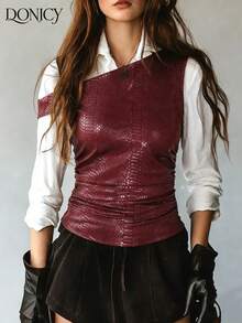 DONICY 女士酒红色蛇纹褶皱露肩上衣，优雅春夏外套 - 酒紅色 - 查看 6