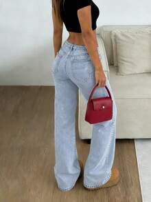 Europe And The United States Explosion Rivet Technology Simple Women's Denim Straight Pants, Fashion Wild Party Loose Denim Trousers, Party Commuting Daily Wear. - 淺色水洗藍 - 查看 3