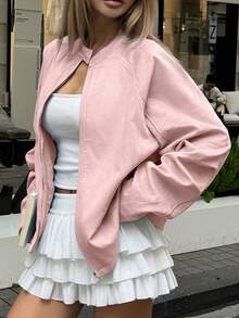 HUACAITA Bestselling Pink Faux Suede Jacket, Loose Fit Slimming Stand Collar Zipper Design Niche Sweet Girl Streetwear Short Outerwear - Pink - View 2