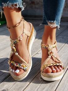 WRCVS 米色女士凉鞋，编织带凉鞋，夏季厚底厚底凉鞋，手工串珠编织，随机图案，轻便度假凉鞋，波西米亚风增高户外凉鞋 - 米色 - 查看 5