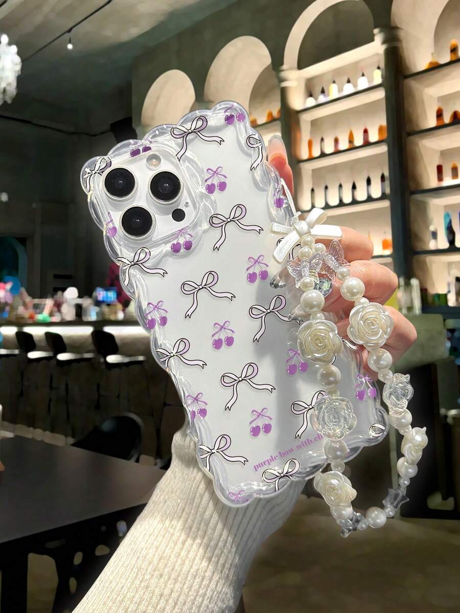 Cherry Bow Knot Braided Transparent Wavy Edge Minimalist High-End TPU Painted Anti-Drop Phone Case For IPhone 17/17Pro/17Air/17ProMax, 16/16Pro/16Plus/16ProMax, 15Pro/15ProMax, 13, 14, 11, P12, X, 12/14 Soft Protective Case - Multicolor - View 1