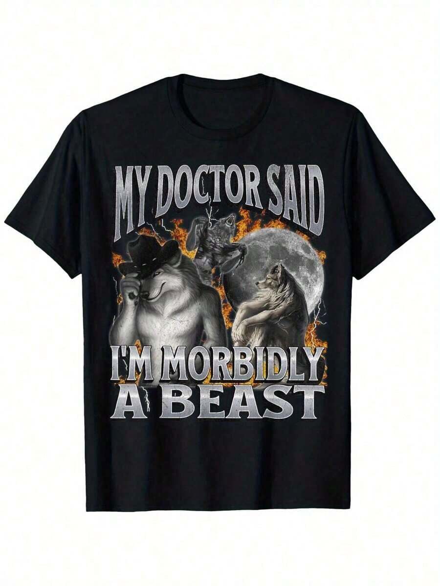 Men Plus Size Funny Werewolf Meme T-Shirt 'My Doctor Said I'm Morbidly A Beast' Graphic Cotton Round Neck Short Sleeve Black Perfect Halloween Gift For Men Women 220g Big Size L-3XL 4XL 5XL - màu đen - Xem 1