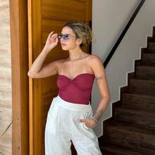 Antonella Premium Polyamide Top, Wrap Style, Luna Fashion, Party, Summer, High Versatility, Perfect Fit, Fabric, Backless, Asymmetrical Strapless Top, Night. - Redwood - View 4