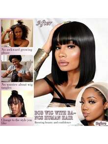 ZHENDEFA Peluca corta y ondulada sin flequillo, sin banda frontal, sin costuras, con una densidad del 180%, color natural, adecuada para mujeres, cabello brasileño liso con trama de máquina, conveniente y rápida - SNatural - Ver 5