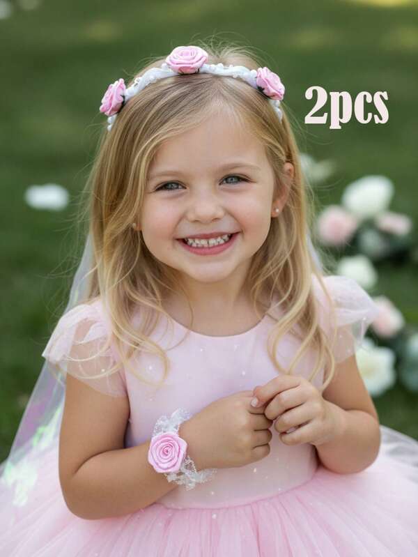 2pcs/Set Pink Rose Flower Crown + Flower Bracelet Set, For Girls, Ice & Snow Themed Wedding, Bridal, Party, Photo Booth Props, Wedding Decor, Flower Crown, Wrist Flower, Valentine's Day Gift, Parent-Child
