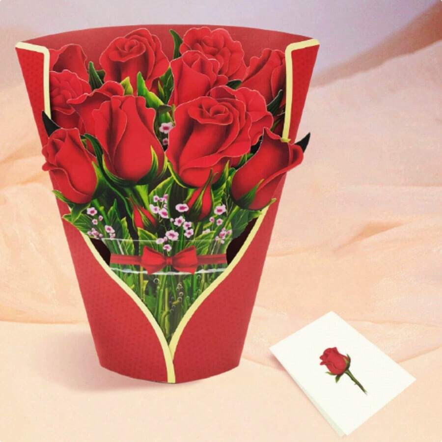 Valentine's Day Greeting Card Pop Up Cards, Rose Lilies & Lupines Paper Flower Bouquet Greeting Cards With Blank Note Card & Envelope, Birthday Gifts For Women - A - View 1