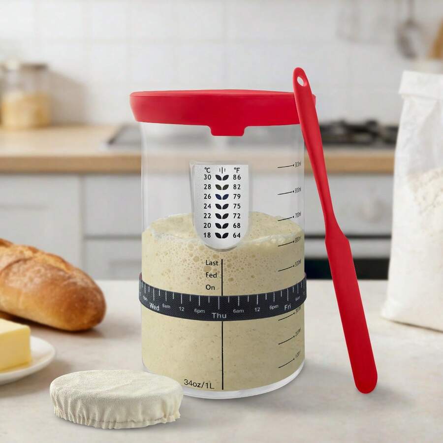 34oz Large Capacity Glass Fermentation Jar With Lid And Tracker, Suitable For Homemade Sourdough, Bread Dough Preparation And Cooking Fermentation - Red - View 1