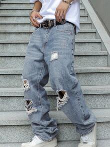 Men's Ripped Jeans Relaxed Fit Straight Leg Distressed Vintage Denim Pants Y2K Hip Hop Skater Streetwear Casual Trousers - 淺色水洗藍 - 查看 4