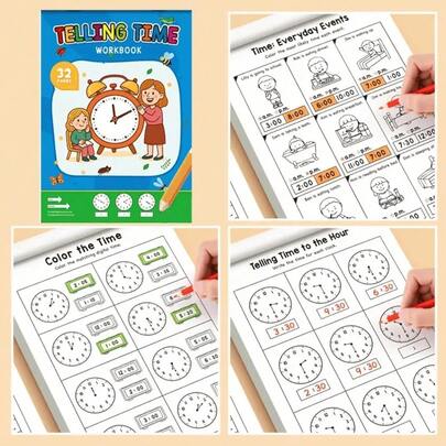 32 Pages Math Clock Workbook | Suitable For Preschool To 1st Grade, Fun Math Book, Time Learning Book, Arithmetic Book, Suitable For Home Or School Use