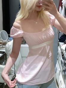 Tops De Mujeres For Going Out Cap Short Sleeve Scoop Neck Tees Dots Print  Pelpum Top Shirt Harajuku Vintage Clothes Y2K Loungewear - Hồng - Xem 2