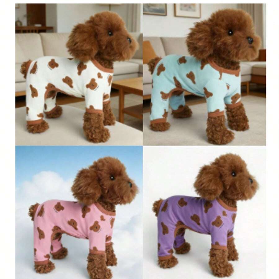 1pc Pet Dog Clothes, Paw Print Bear Design, Autumn/Winter Small Dog Loungewear - White - View 1