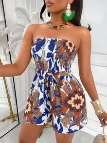 AIJ Sexy & Elegant Floral Print Strapless Jumpsuit For Women - Blue Background With Brown Flowers - View 7