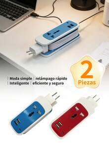 2 piezas Barra multicontacto con 1 enchufes, 2 puertos USB,Adecuado para el hogar, la oficina, los viajes, etc. - Multicolor (2 piezas) - Ver 1