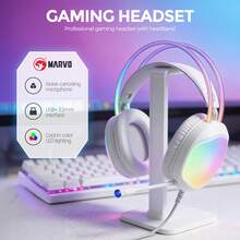 MARVO Over-Ear Gaming Headset - RGB Illuminated Earcups And Headband, Wired USB + 3.5mm Dual Plugs, 50mm Drivers, Dual Headband PU Ear Pads, External Microphone With Blue Light, Omnidirectional Microphone, Earcup Volume Control, Suitable For Gaming/Office/Study. - 白色 - 查看 9
