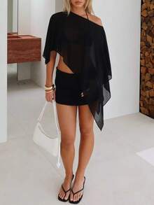 Women's Solid Color Asymmetric Sheer Blouse - Black - View 4