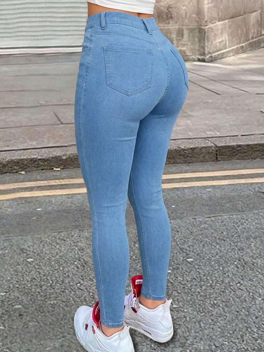 女士休闲水洗修身牛仔裤，夏季新品系列 - 藍色 - 查看 1