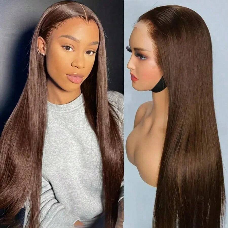 ZHUICHAO 巧克力棕色长直发混纺真人发假发，13x4 大面积高清透明蕾丝前额编织，巴西原生发假发，带Bady发丝和预漂白发结，可自由造型，高温丝无胶扣网帽，优雅蕾丝前额，深色发根 - S4 - 查看 1