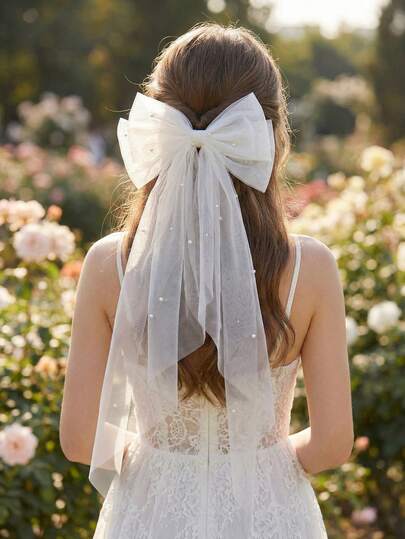 1pc White Silk Bow Hair Clip With Faux Pearl Decor, Long Ribbon Tail, Suitable For Bridal Wedding Party Hair Accessory