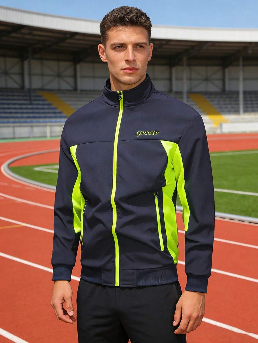 Men's Spring Autumn Neon Green Contrast Panel Sports Jacket - Blue - View 1