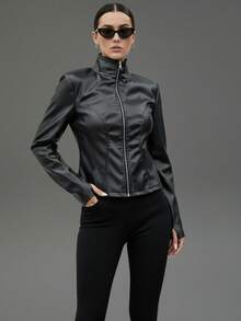 女士修身立领仿皮夹克，运动风拉链外套，带拇指孔袖口，休闲日常穿着 - 黑色 - 查看 6