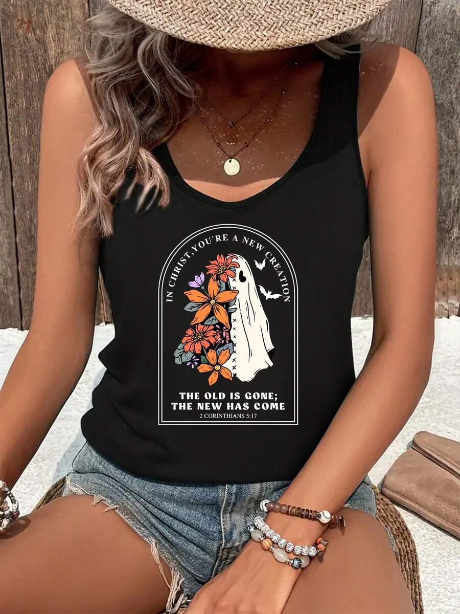 Chaleco sin mangas largo de mujer para Halloween, primavera y verano, con estampado de fantasma de retazos florales, para crear un atuendo casual de uso diario y de festival - Negro - Ver 1