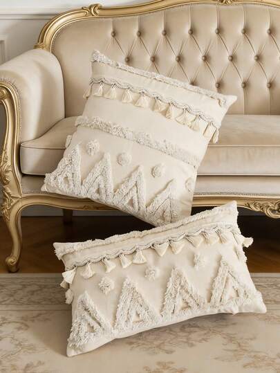 1pc/2pcs Set Beige Triangle Pattern Throw Pillow Cover, Bohemian Tufted Embroidered With Tassel Decor, Suitable For Living Room, Bedroom, Sofa, Couch, Daily, Garden, Car, All Seasons, Without Insert, 30*50cm, 45*45cm